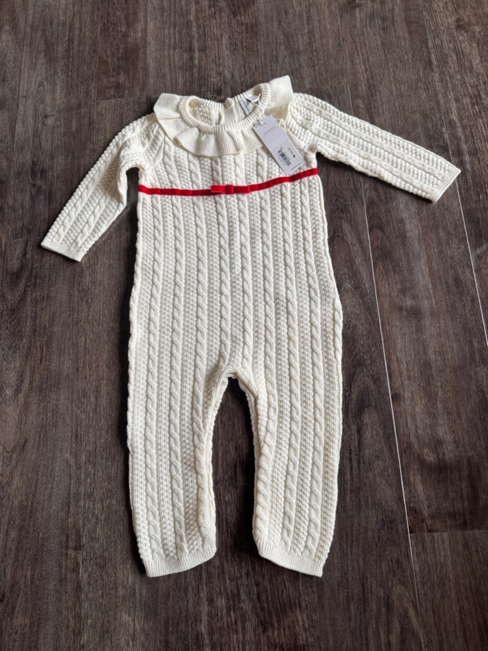 Janie and Jack Cream Cable Knit One-Piece with Red Ribbon
